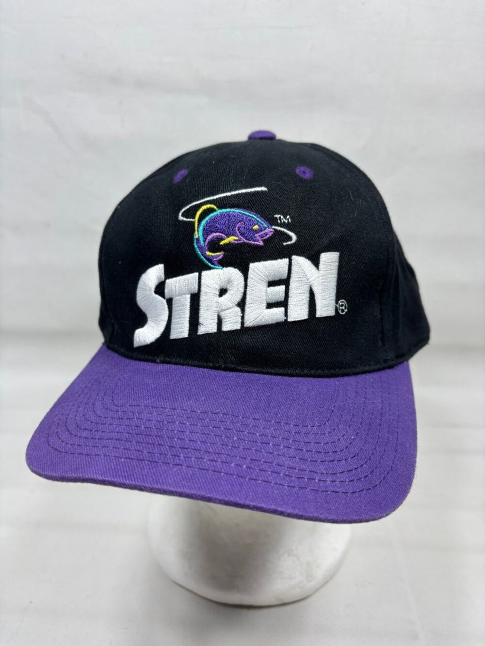 Vintage Stren Fishing Line Snapback Hat Black Purple Two Tone Bass Cap 90s NWOT